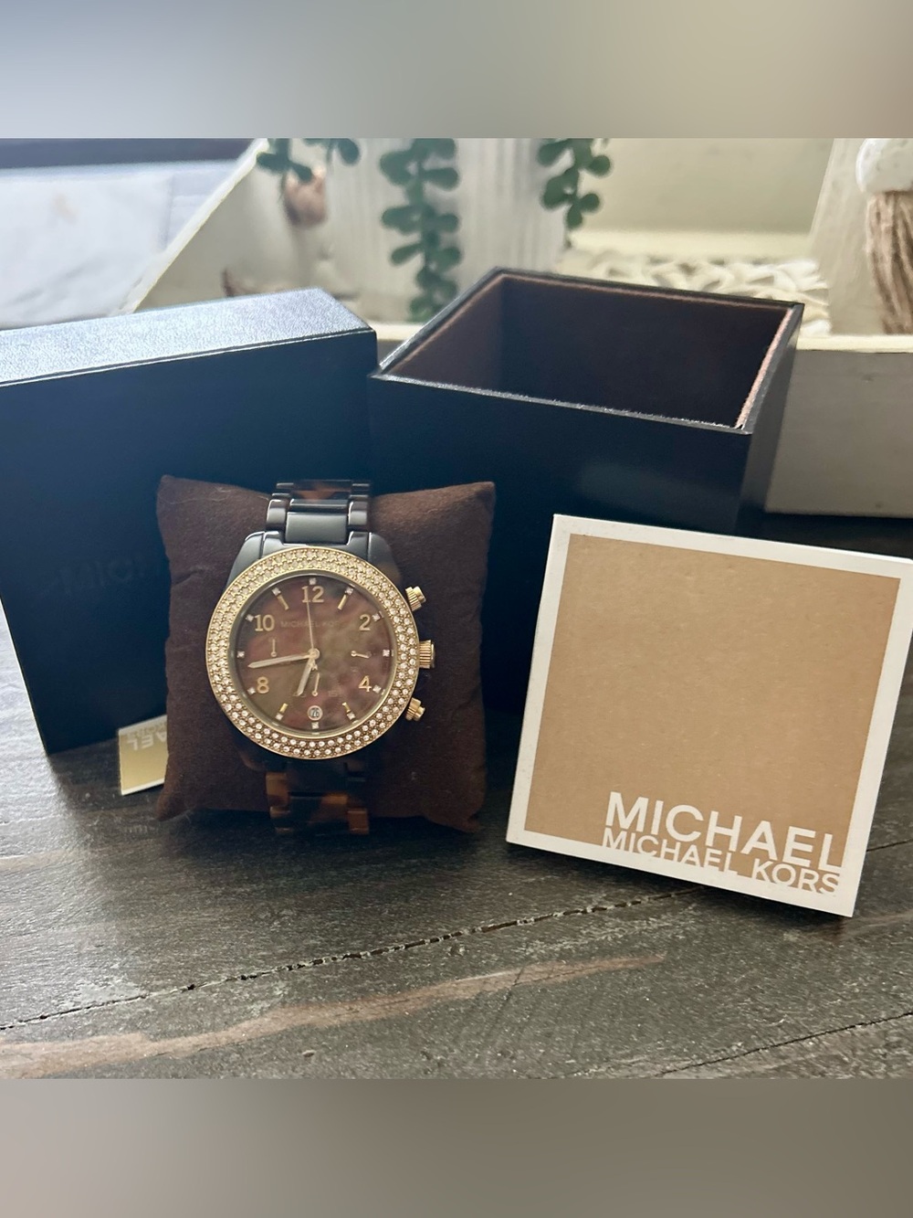 Michael Kors Brown Tortoiseshell and Gold Crystal-Accent Chronograph Watch